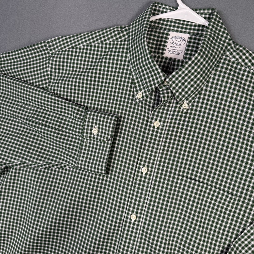 Brooks Brothers Dress Shirt Mens 17-34 Green Gingham Regent Non Iron Supima